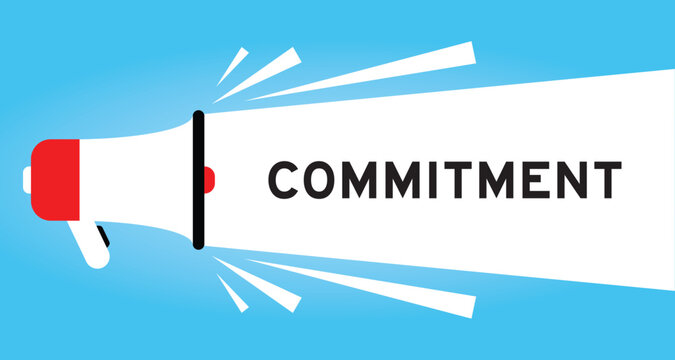 Color megaphone icon with word commitment in white banner on blue background