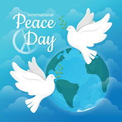Peace Doves in flight Planet Earth Clouds Blue sky background. Peace anti war symbols. Peace concept Banner design for International World Peace Day