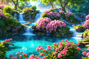 Paradise landscape with beautiful  gardens, waterfalls and flowers, magical idyllic background with many flowers in eden. - obrazy, fototapety, plakaty