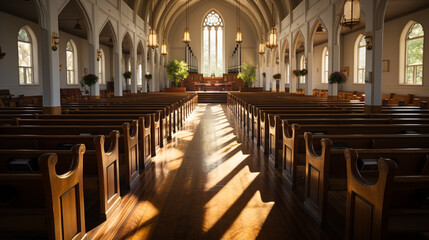 Quiet Church Morning: A softly lit church interior, where early worshippers gather for their morning prayers.