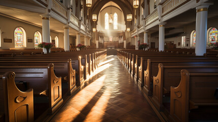 Quiet Church Morning: A softly lit church interior, where early worshippers gather for their morning prayers. - obrazy, fototapety, plakaty