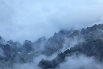 Tatra mountain ridge in fog
