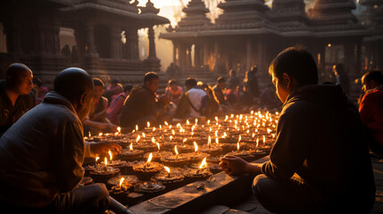 Temple Morning Ritual: Devotees engaged in a morning prayer ritual at a majestic temple adorned with intricate details. - obrazy, fototapety, plakaty