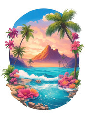 Palm tree on a tropical island with beach and sea waves, flat sticker illustration isolated on white.
