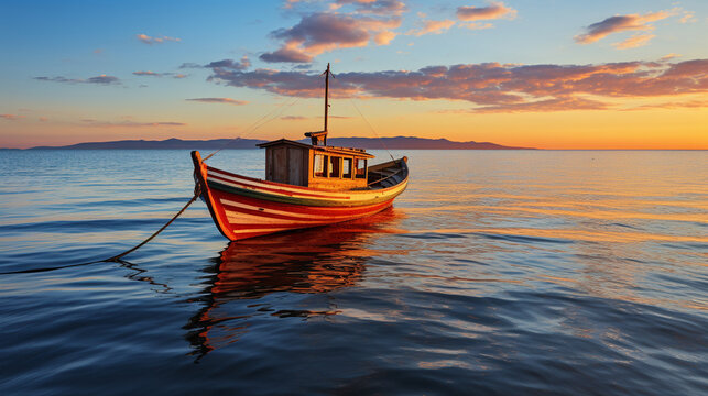 Serenity at Sea: A boat gently swaying on the sea, where a sailor engages in a morning prayer at sunrise.