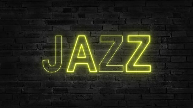 Animated glowing neon sign Jazz on blue background. Seamless loop in 4K.