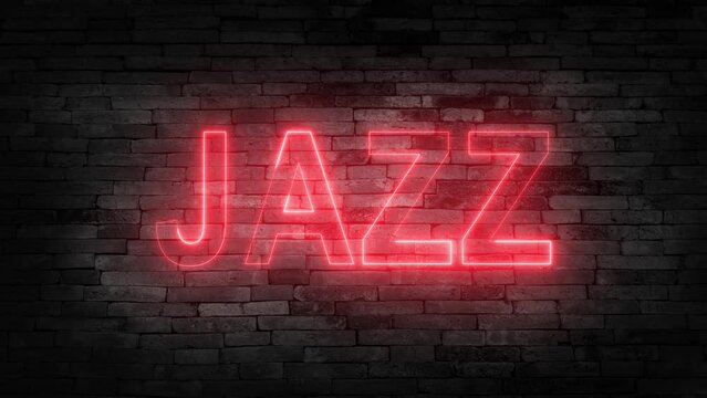 Animated glowing neon sign Jazz on blue background. Seamless loop in 4K.