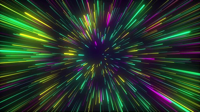 This is a stock motion graphic animation video of a star burst neon line abstract pattern background, in colors of pink, purple, green and blue.