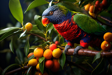 red and green parrot eating yellow fruits