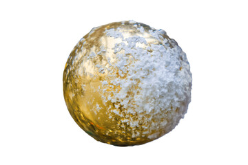 Yellow ball covered with snow as a toy for decoration on the Christmas tree, isolated on a white background