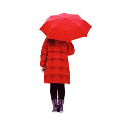 A happy woman stands with a red umbrella in her hands, a winter park with snow-covered trees, isolated on a white background