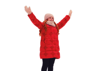 Smiling woman with a red umbrella enjoys white snow in a winter forest, isolated on a white background. A happy woman in red clothes stands in the park.