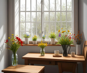 Empty wooden table with vase of wildflower on the windowsill.