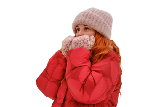 A smiling woman wraps herself in clothes warming up in a winter forest with trees in the snow, isolated on a white background