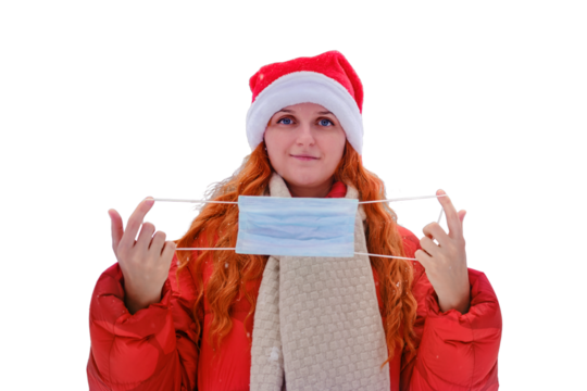 Smiling woman removes medical face mask, winter forest with trees in the snow, isolated on a white background