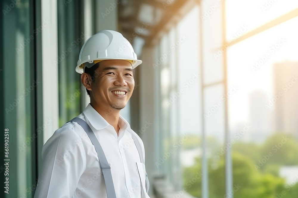 Poster an engineer looking forward in a protective helmet