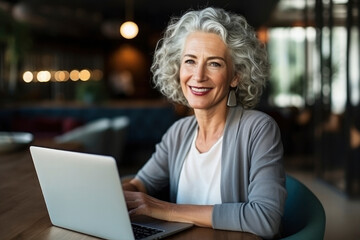 Beautiful stylish middle-aged woman works at laptop in modern office cafe coworking space. Elderly fashionable gray-haired businesswoman smiles, looks at the camera. Portrait of happy lady 50-60 years - obrazy, fototapety, plakaty