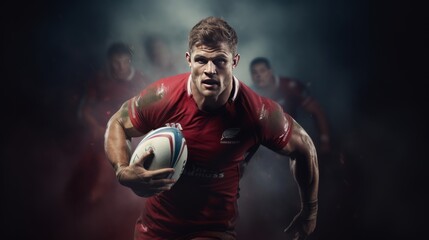 A rugby player sprinting down the field with the ball in hand - obrazy, fototapety, plakaty