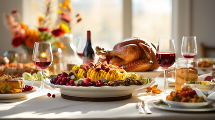 Light thanksgiving dinner table, with vine for celebration