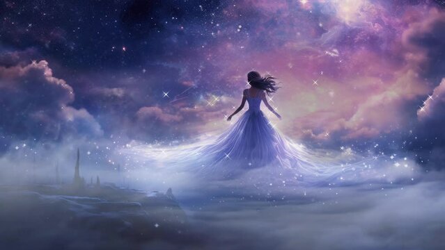 fantasy person in the night sky background animation with anime or carton style.  seamless looping video animated background.