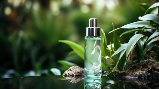 Glass transparent Perfume Bottle Resting on Green Leaves nature Background.AI generated image