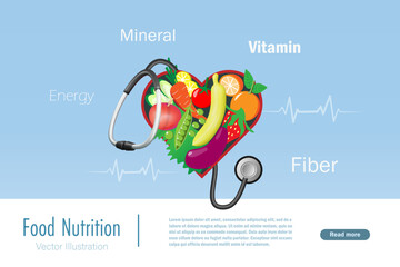 Healthy nutrition foods for heart. Fruits and vegetables in heart shape with stethoscope. Cholesterol diet by eating clean and organic fruits for patient health and wellbeing. 
