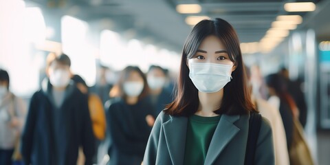Fototapeta na wymiar Asian woman with coronavirus walking with a surgical mask for protection