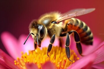 Bee on flower with green background, yellow/pink/green centers. Generative AI