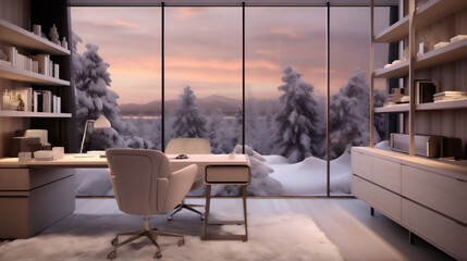 Luxury minimalist Home office room with winter theme, hyper realistic photo, beautiful light,