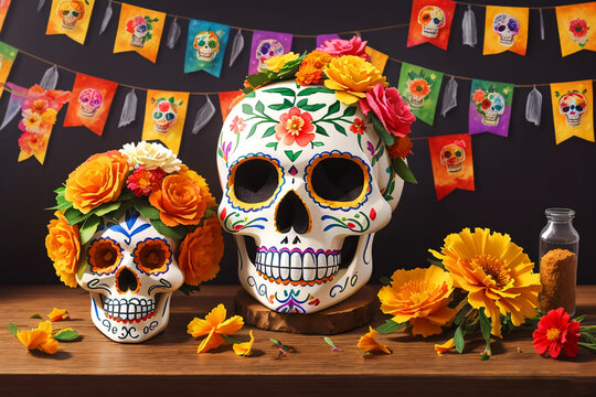 Day of the dead, Dia de los muertos, sugar skull with marigold flowers wreath on paper watercolor Background.

