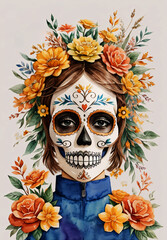 Day of the dead, Dia de los muertos, sugar skull with marigold flowers wreath on paper watercolor Background.
