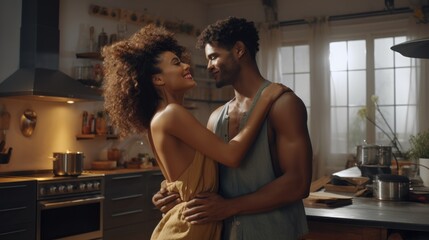 Loving young African American couple dancing together in kitchen interior. AI