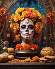 Day of the dead, Dia de los muertos, sugar skull with marigold flowers wreath on paper watercolor Background.