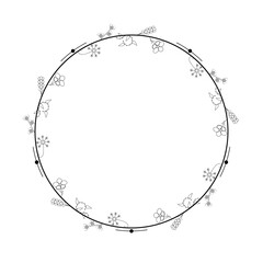 Abstract Black Simple Line Round Circle With Leaf Leaves Frame Flowers Doodle Outline Element Vector Design Style Sketch Isolated Illustration For Wedding And Banner