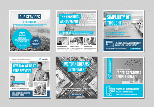 Business Style Socia Media Templates in Black and White with Cyan Elements