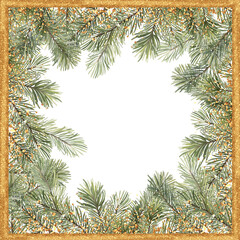 Gold Christmas frame with fir branches.