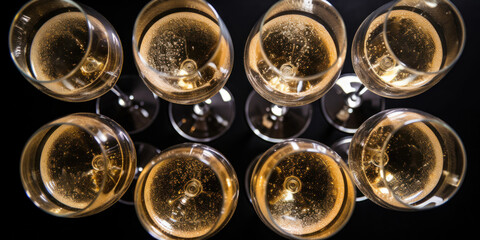 Top view of numerous champagne glasses.