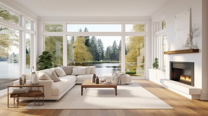 Beautiful living room interior with hardwood floors and fireplace in new luxury home. Large bank of windows hints at exterior view