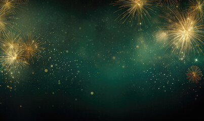 Enchanting display of gold and green fireworks against a backdrop. - obrazy, fototapety, plakaty