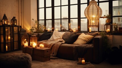 Fototapeta premium Black lamp standing by a sofa and a row of candles lying on the floor in front of a window shedding light on the interior of boho style living room