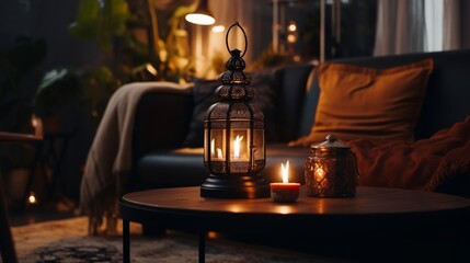 Black lamp standing by a sofa and a row of candles lying on the floor in front of a window shedding light on the interior of boho style living room - obrazy, fototapety, plakaty
