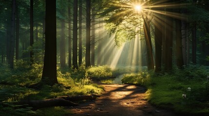 Obraz premium Tropical lush green rainforest with sunlight. AI generated image