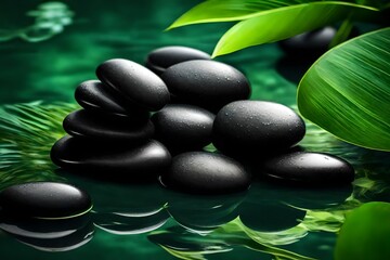 spa stones and green leaf