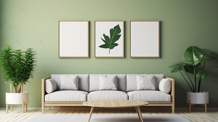contemporary interior design for 3 poster frames in living room mock up with green couch, wooden pot and floor lamp, template, 3d render, illustration