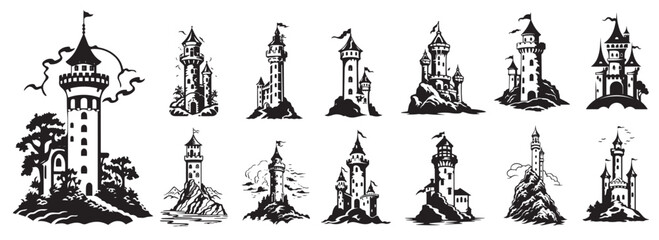 Fototapeta na wymiar Beautiful magical fairy tale castle, princess tower, black and white vector, silhouette shapes illustration