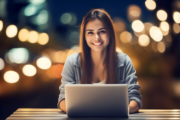 Smiling young woman in suit working on laptop late at night, blur bokeh city background, front view, AI generated