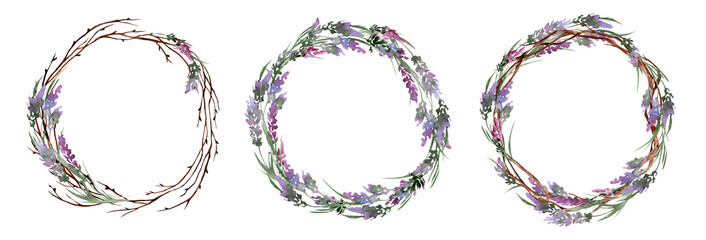 Set of watercolor round wreath with lavender. Frame for design isolated on white background. Ideal for cards and invitations