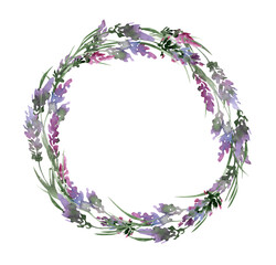 Watercolor round wreath with lavender. Frame for design isolated on white background. Ideal for cards and invitations