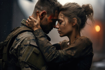 Army soldier hugs his wife. Military family reunion. Love and romantic feelings at war - Powered by Adobe