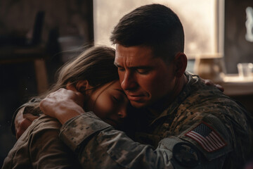 Obraz premium Army soldier embracing his daughter. Military family reunion. Waiting for relative from war